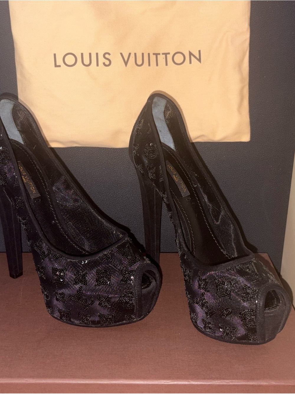 Louis Vuitton Black Suede Mesh Sequin Monogram Stiletto Heels Open Toe